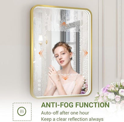 LED Bathroom Mirror with Lights, 20x28 Inch Brushed Gold Metal Frame LED Mirror for Bathroom, Stepless Dimmable 3 Colors Wall Mounted Lighted Bathroom Vanity Mirror, Anti-Fog, Memory