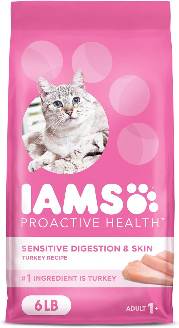 IAMS Proactive Health Adult Sensitive Digestion & Skin Dry Cat Food with Turkey, 6 lb. Bag-Mewly Pet
