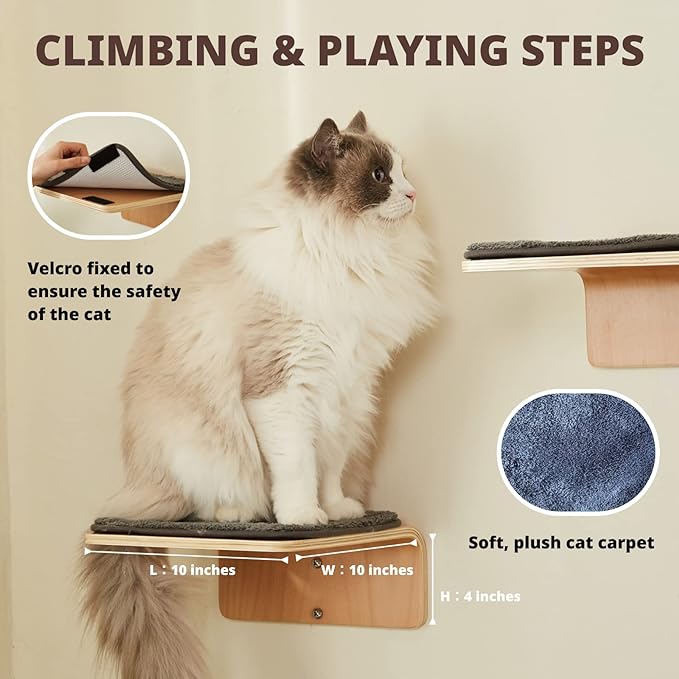 2 Set Cat Wall Steps - Wooden Cat Climbing Shelf for Wall - Cats Wall Stairs with Scratching Mat - Wall Mounted Cats Furniture for Jumping, Playing, and Lounging-Mewly Pet