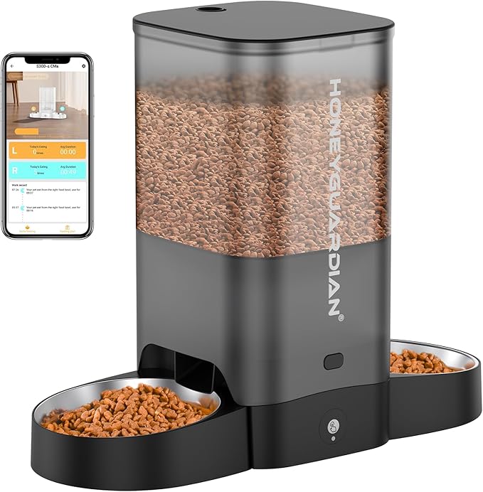 HoneyGuaridan 5L Automatic Cat Feeder for Two Cats, 5G WiFi Smart Feed Pet Feeder with Stainless Steel Bowl,APP Control Dispenser, Dual Power Supply,Desiccant Bag,10s Meal Call Black-Mewly Pet