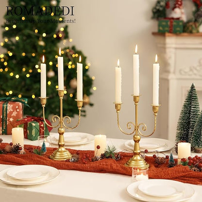 Romadedi Candelabra Gold Candle Holders - 3 Arm 11.8" Wedding Candlestick Holder for Theme Party Table Centerpiece Decor Dining Room Birthday Holiday Christmas, Set of 2