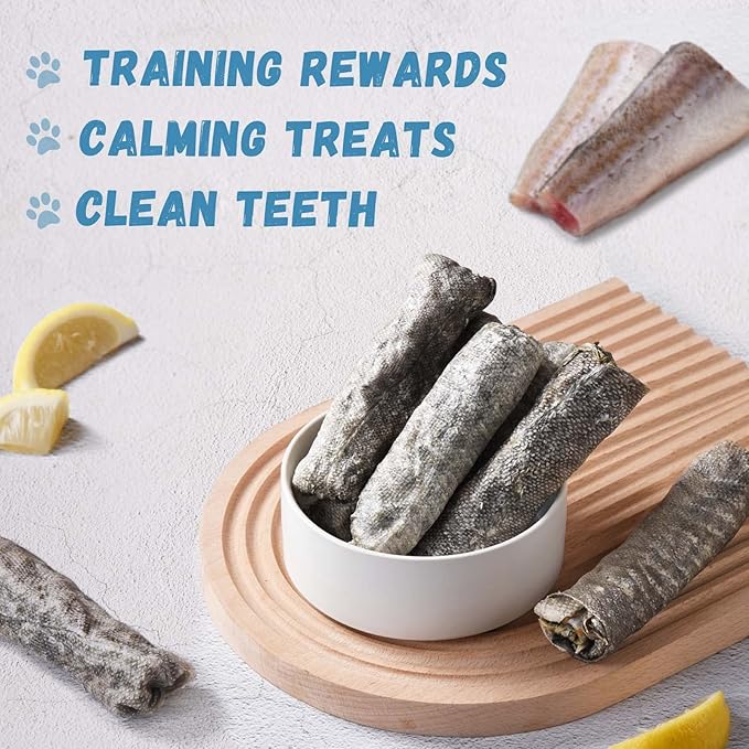Dog Treats Natural Cod Skin Rolls, Rawhide-Free Chewy Fish Skin Dog Chews, One-Ingredient Healthy Training Treats Rich in Omega3 & Protein, 10.6 oz-Mewly Pet