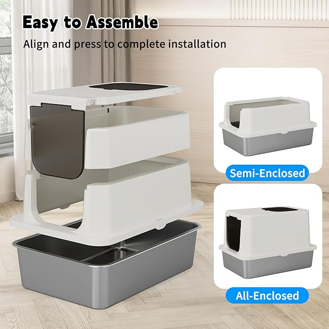 RIZZARI Stainless Steel Cat Litter Box, Enclosed Top-Entry Design, Large Capacity High-Sided Leak Proof Litter Pan for Cats, Easy Clean Pet Toilet (Beige, with Cat Litter)-Mewly Pet