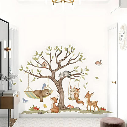 Jungle Animal Wall Stickers Big Tree Fox Sika Deer Safari Wall Decals Kid Room Nursery Baby Bedroom Décor