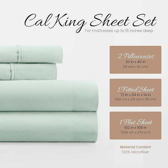 Linen Market Double-Brushed Microfiber California King Sheet Set 4 Piece – Oeko-TEX Certified Ultra Soft & Wrinkle-Free - 16" Deep Pocket Sheets Easy Care Cal-King Size - Mint