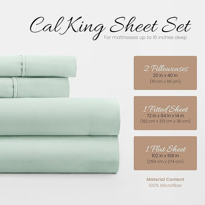 Linen Market Double-Brushed Microfiber California King Sheet Set 4 Piece – Oeko-TEX Certified Ultra Soft & Wrinkle-Free - 16" Deep Pocket Sheets Easy Care Cal-King Size - Mint