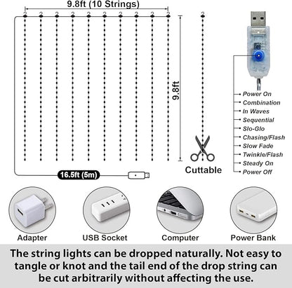HXWEIYE 300LED Fairy Curtain Lights, 9.8x9.8Ft USB Plug-in 8 Modes Christmas String Hanging Lights with Remote for Bedroom Backdrop Wedding Party Indoor Wall Decor, White, Tangle-Free