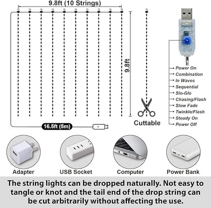 HXWEIYE 300LED Fairy Curtain Lights, 9.8x9.8Ft USB Plug-in 8 Modes Christmas String Hanging Lights with Remote for Bedroom Backdrop Wedding Party Indoor Wall Decor, Blue, Tangle-Free