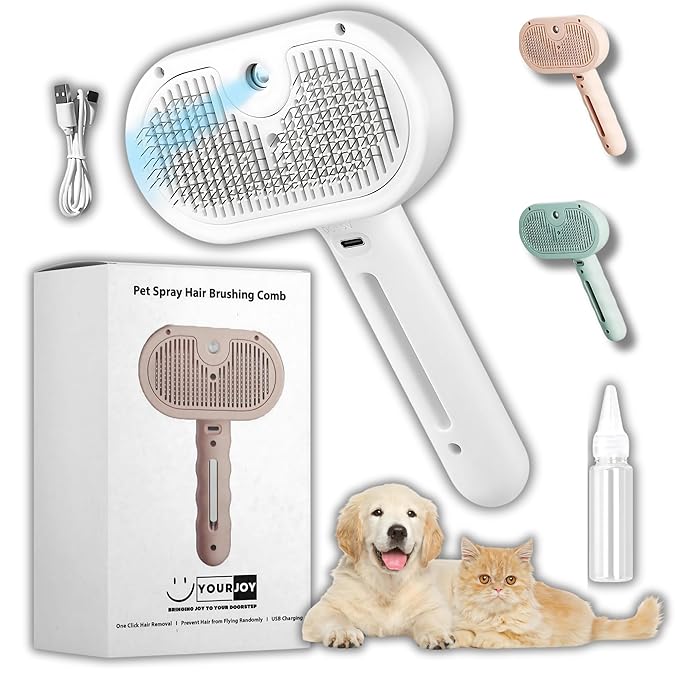 4 in 1 Cat Steam Brush: steam brush for cats, Grooming, Shedding, Mist Spray, Hair Removal Comb & Massager, USB Rechargeable Self Cleaning cat steam brushes for indoor cats - White-Mewly Pet
