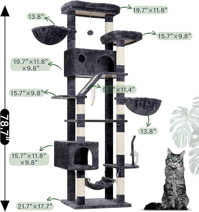 Cat Tree for Large Cats, 78.7"(200cm) Tall Cat Tower for Indoor Cats Multiple Cats with Large Top Perch, Cat Condo, Cat Hammcok, Cat Scratching Post, Dark Gray GCT031G-Mewly Pet