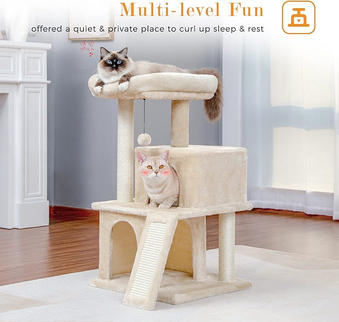 PAWZ Road Cat Tree Luxury Cat Tower with Double Condos, Spacious Perch, Fully Wrapped Scratching Sisal Posts and Replaceable Dangling Balls Beige-Mewly Pet