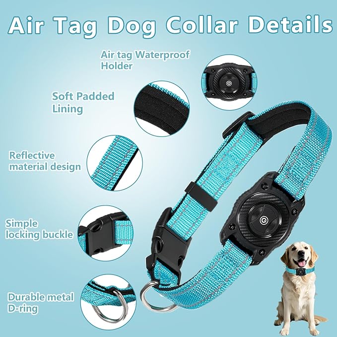 Air -Tag Dog Collar Waterproof Dog Air Tracker Chip for Apple Find My (iOS only) Reflective Strip Real Time Anti-Loss Tags Ultra-Durable GPS Pet Tracking Collar, Sky Blue M (12.4''-17.3'')-Mewly Pet