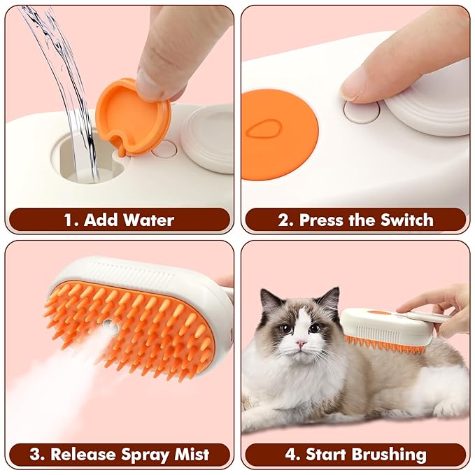 Cloud Care Cat Brush, Cat Steam Brush for Shedding, 4-In-1 Self-Cleaning Pet Steam Brushs for Long and Short Hair Cats and Dogs Grooming Supplies-Mewly Pet