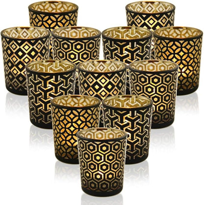 SHMILMH Halloween Votive Candle Holders Set of 12 Black Gold Glass Tealight Candle Holders with 4 Patterns Table Centerpiece for Halloween Party Table Decorations