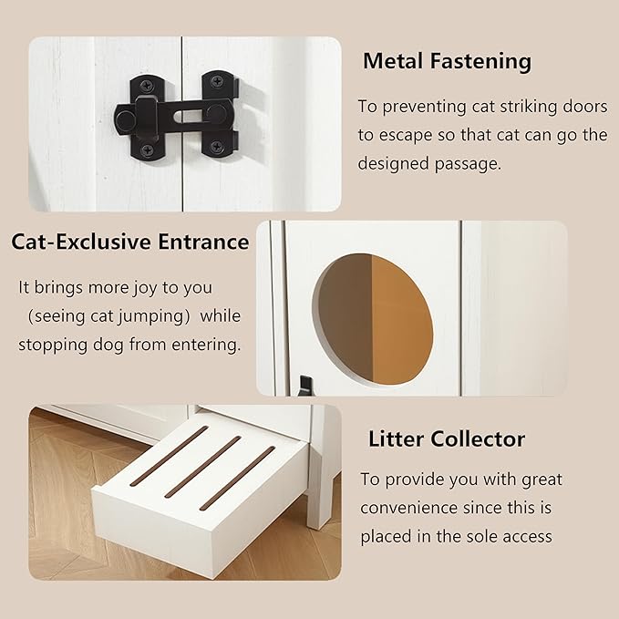 Cat Litter Robot Enclosure, Automatic Litter Box Enclosure for Litter Robot 3/4,Cat-Exclusive entrace for Dog Proof and Fun,Power Outlet for cat Litter Cabinet,Litter Collector,Antique White-Mewly Pet