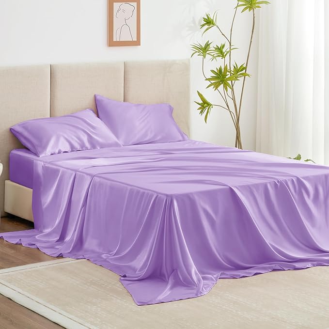 Love's cabin Satin Queen Sheets Set - 4 Piece Lavender Silky Bed Sheets with Deep Pocket, Luxury Silk Feel Satin Queen Size Sheet Set (1 Flat Sheet,1 Fitted Sheet,2 Pillow Cases)