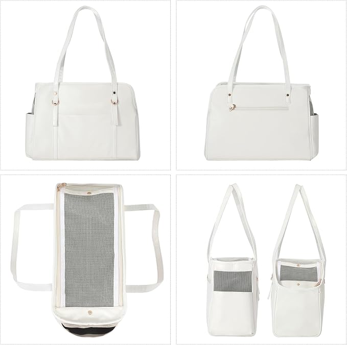 Dog Carrier Purse, Fashion Leather Pet Carrier with Pockets, Airline Approved Soft Sided Dog Carrying Bag for Puppy Cat Dog White-Mewly Pet