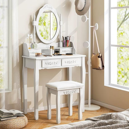 Giantex Girls Vanity Desk with 4 Drawers, White Makeup Vanity Table with Mirror and Cushioned Stool, Rose Shaped Knobs, Modern Bedroom Dressing Table for Small Place Apartment