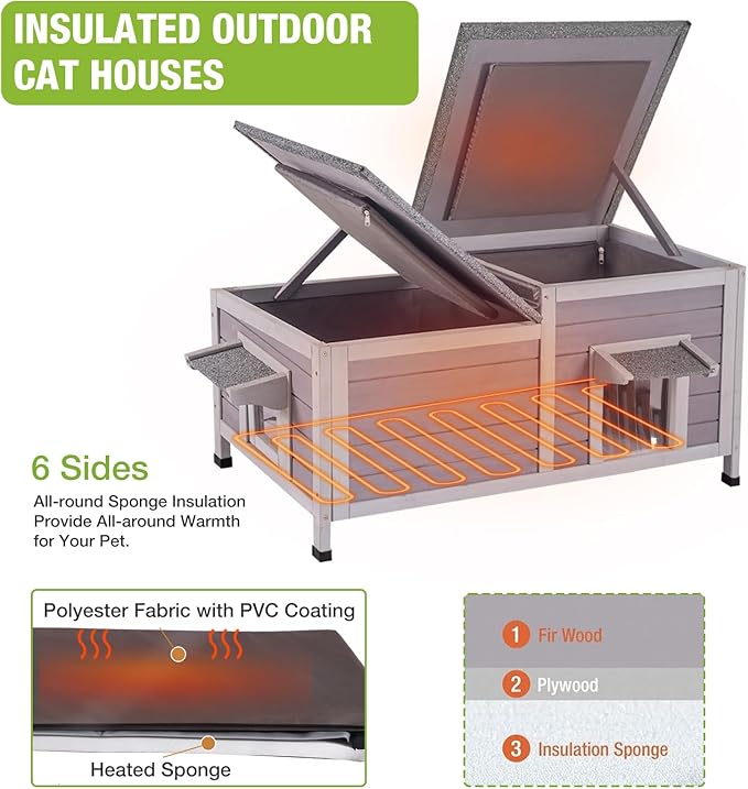 GUTINNEEN Outdoor Cat House Weatherproof Feral Kitty Shelter for Winter Cat Condo with Large Opening Roof (1-Story(AIR93-Heated))-Mewly Pet