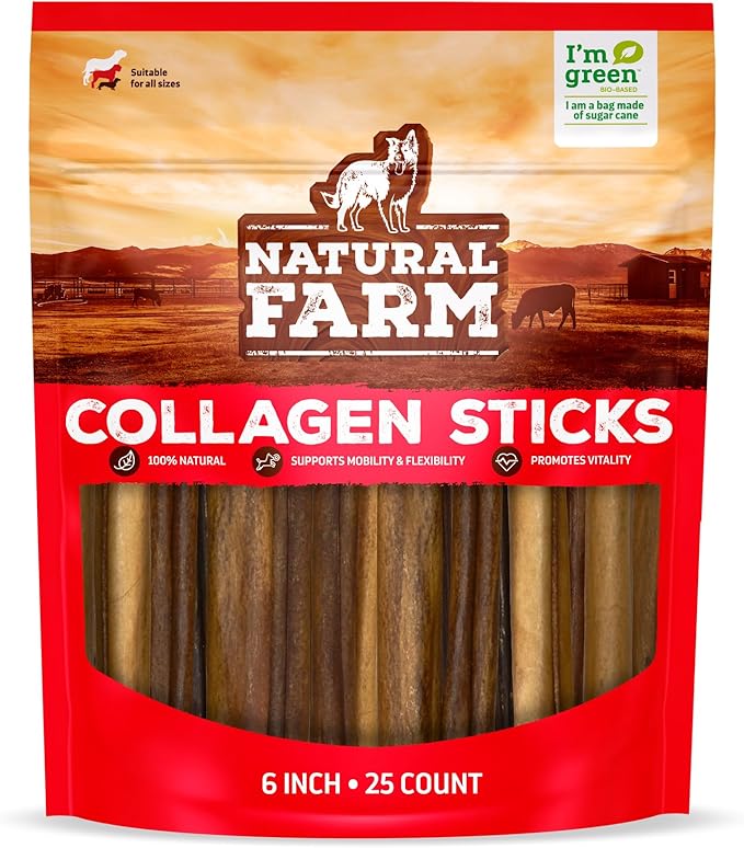 Natural Farm Collagen Sticks for Dogs (6 Inch, 25 Pack), Odor-Free Long Lasting Chews & Rawhide Alternative - 95% Collagen, Low Fat, High Protein - Best Dental Dog Treats - Medium & Large Dogs-Mewly Pet