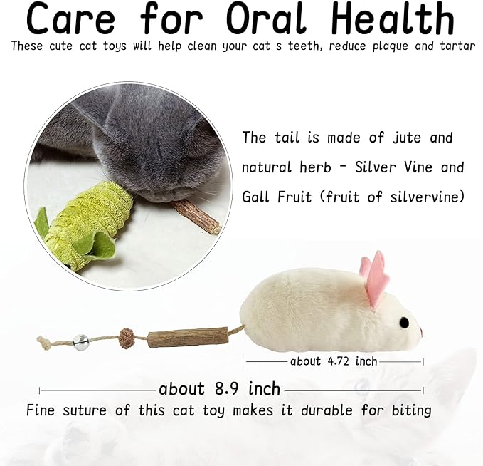 Cat Toys for Indoor Cats, 3Pcs Large 8.9" Plush Mouse Kitten Toys with Bell Tail Sound, Organic Catnip with Silvervine, Individually Packaged Dental Chew Matatabi for Exercise & Oral Health-Mewly Pet