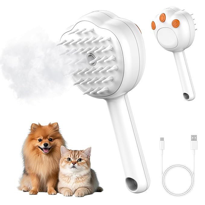Steam Cat Brush, 6-in-1 Dog Brush Spritz Defur Comb, Steamy Skin Friendly Deshedding Grooming Tool, Suitable for Shedding & Haired Pets, Pet Supplies Accessories,White-Mewly Pet