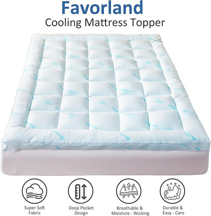 Favorland Mattress Topper Full Size - Cooling Extra Thick Breathable Viscose Made from Bamboo Mattress pad - Soft Quilted Fitted Mattress Cover with 900 GSM Down Alternative Fill (8-21”Deep Pocket)