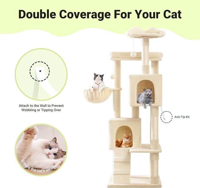 Allewie 64 Inches Cat Tree Tower/Multi-Level Activity Center for Indoor Big Felines/2 Plush Condos/2 Perchs/Basket/House/Sisal Scratching Posts/Hanging Cat Toys/Beige-Mewly Pet