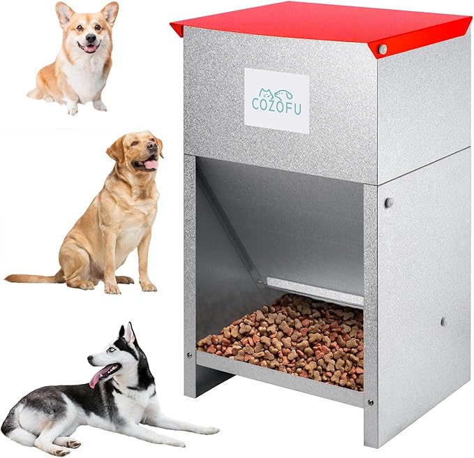Dog Feeder - Galvanized Metal Pet Food Station for Indoor & Outdoor Use - Automatic Gravity-Fed Dispenser Suitable for Small, Medium, and Large Dog Breeds - Capacity: 25 Pounds of Dry Kibble-Mewly Pet