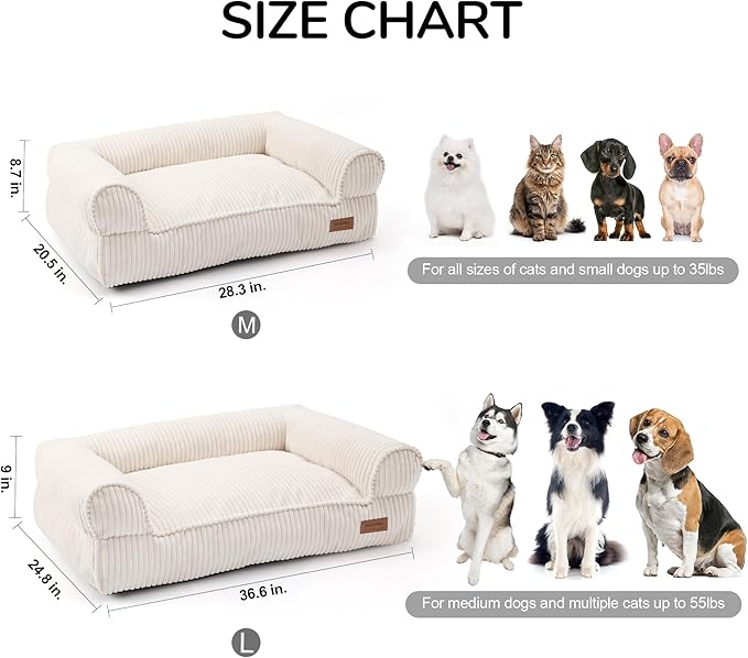 FUKUMARU Dog Couch Bed, Corduroy Cozy Cat Bed for Indoor Cats with Washable Cover, Supportive Waterproof Dog Beds Sofa for Small Dogs and Large Cats Cute, 28inch, Medium, Cream-Mewly Pet