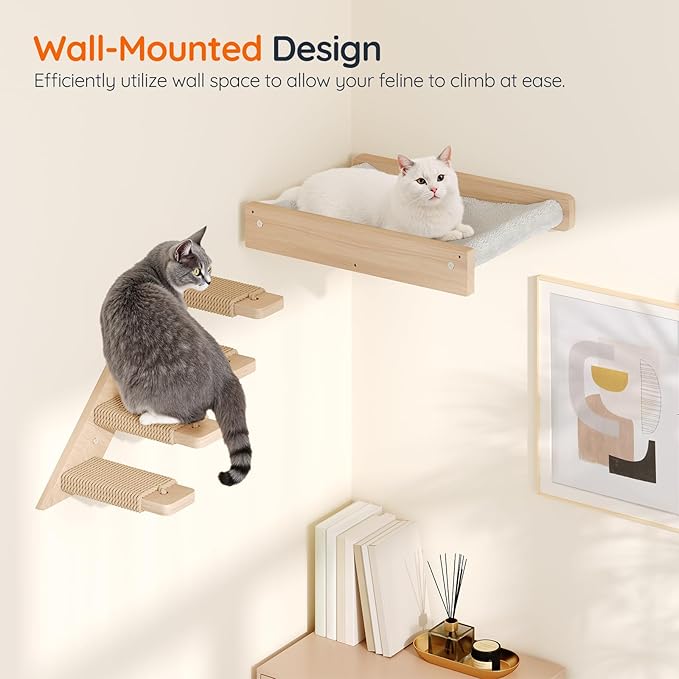 HOOBRO Cat Wall Shelf Set of 2, Wall Mounted 4-Level Cat Steps with Jute Scratching Steps, Hammock Wall Mounted, Holds up to 40 lb, Cat Wall Furniture, for Playing, Natural NL41CS03-Mewly Pet
