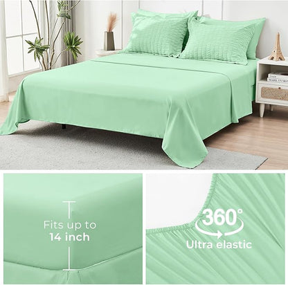 HYMOKEGE Mint Green California King Comforter Set Seersucker 7 Pieces, All Season Luxury Bed in a Bag for Bedroom, Bedding Set with Comforter, Sheets, Pillowcases & Shams