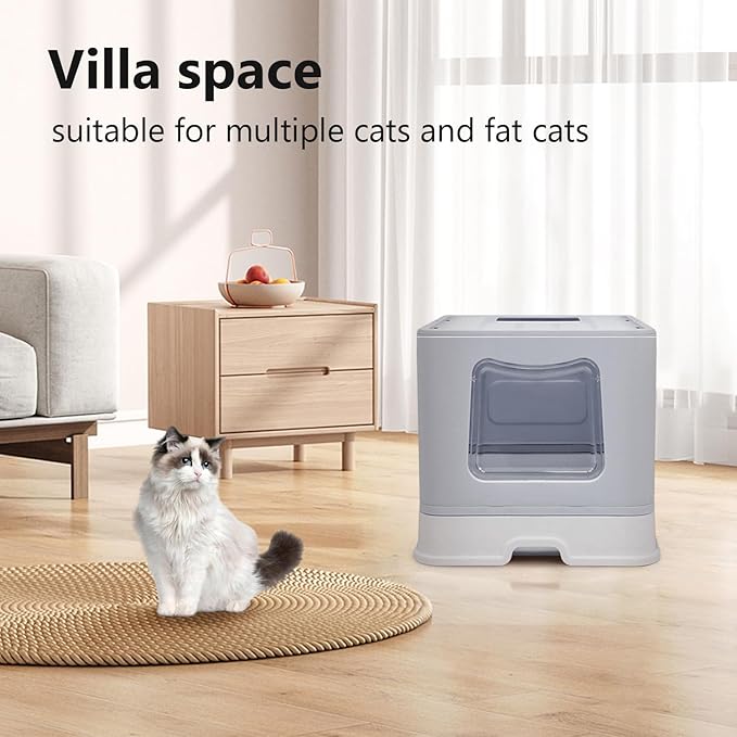 XL Foldable Cat Litter Box with Lid - Jumbo Enclosed Potty - Top Entry Anti-Splashing Toilet - Includes Scoop & 2-in-1 Cleaning Brush (Grey)-Mewly Pet