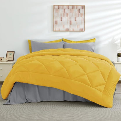 HEVUMYI Twin Comforter Set - 5-Piece All Season Bed in a Bag Twin, Ultra Soft Bedding Set with Comforter, Flat Sheet, Fitted Sheet, Pillowcases, Pillow Shams, Yellow & Light Grey