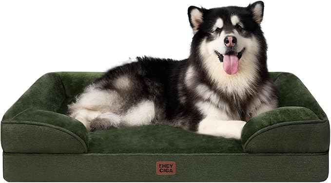 EHEYCIGA Orthopedic XL Dog Beds, Waterproof Memory Foam Dog Bed for Extra Large Dogs, Non-Slip Bottom and Egg-Crate Foam Big Pet Couch Bed with Washable Removable Cover, Dark Green-Mewly Pet