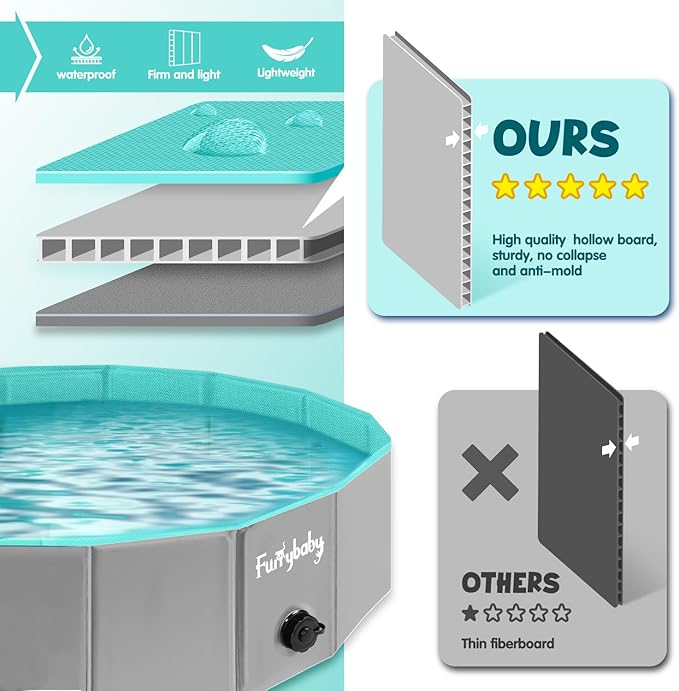 Furrybaby Dog Pool, Kiddie Pool with Hard Plate Collapsible Pet Bath Foldable Swimming Pet Pool Portable Grey 39''-Mewly Pet