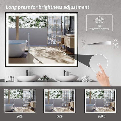 24"x 40" LED Bathroom Mirror with Black Frame, Stepless Dimmable, Anti-Fog, Shatter-Proof, Memory, 3 Colors, LED Vanity Mirror