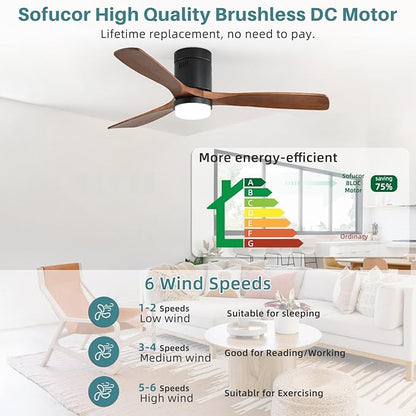 Sofucor Ceiling Fan with Lights 52 Inch Flush Mount Ceiling Fan with Remote Control, Wood Blades Modern Outdoor Ceiling Fans for Bedroom/Farmhouse/Patio/Indoor, Quiet DC Motor