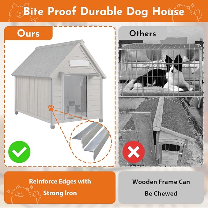 Outdoor Dog House Weatherproof Large Wooden Dog Kennel Indoor for Small Dogs with Chew-Proof Frame, Oxford Fabric Window, Removable Floor Pet Shelter (Grey, 30.5" D x 37.4" W x 39.3" H)-Mewly Pet