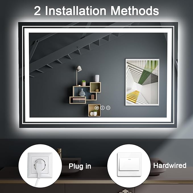 LED Bathroom Mirror, 48"X40" with Front and Backlit, Anti-Fog, Large Bathroom Vanity Mirror for Wall, Memory Function, Stepless Dimmable, Tempered Glass (Horizontal/Vertical)
