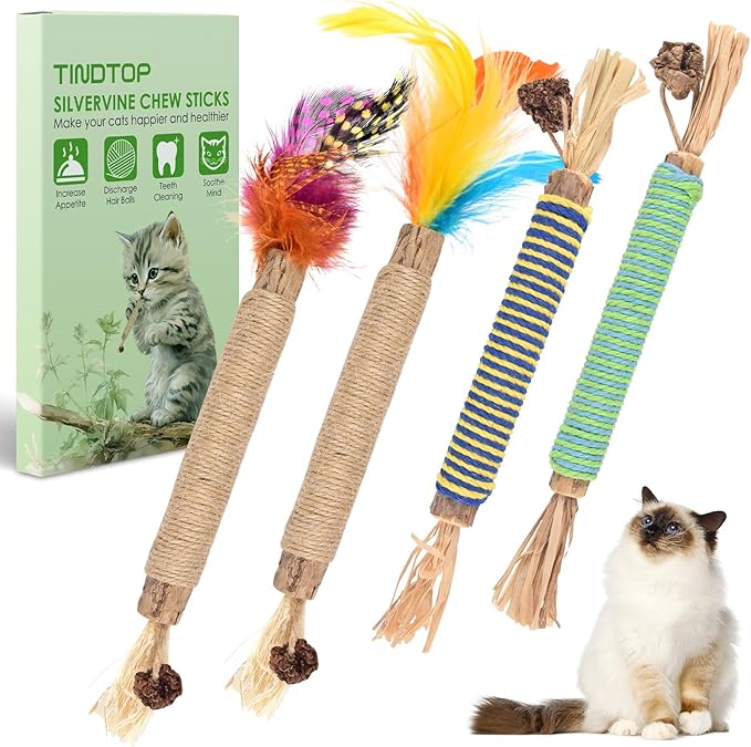 TINDTOP Catnip Chew Toys for Cats, 4 Pack Natural Silvervine Sticks for Kittens Teeth Cleaning, Matatabi Dental Care, Increase Appetite, Aggressive Chewers Cat Dental Toy-Mewly Pet