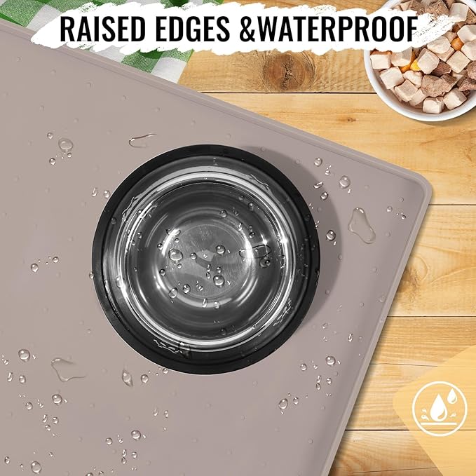 MateeyLife Dog & Cat Food Water Mat for Floors Waterproof, Nonslip Pets Bowl Feeding Mats with Raised Edges, Silicone Matt Tray for Messy Drinkers, 24"x16", Taupe-Mewly Pet