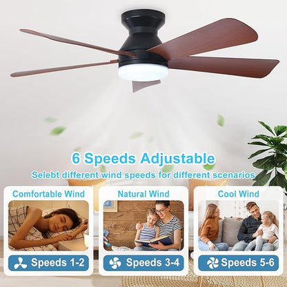 DINGLILIGHTING Ceiling Fans with Lights for Bedroom: 42 Inch Walnut Low Profile Ceiling Fan with Light and Remote Indoor Outdoor