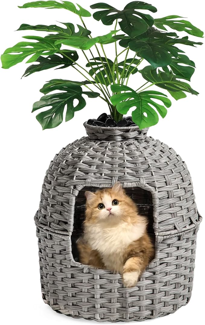 Cat Litter Box Plant Enclosure, Hidden Handwoven Rattan with Cat Litter Box Furniture and Artificial Plants, Odor Control Filter, Real Stones in Living Room, Bedroom, Corner (Gray)-Mewly Pet