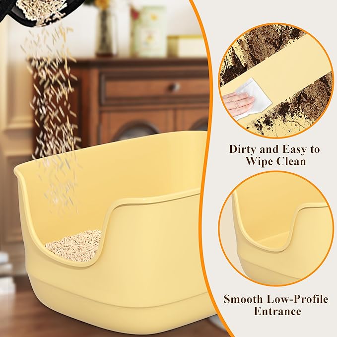Gefryco Large Cat Litter Box with High Sided 24.6"x18.3"x12.2" - Jumbo Extra Large Open Anti - Splashing High Wall for Multiple Cats (Yellow)-Mewly Pet