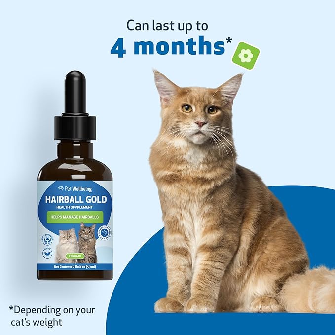Pet Wellbeing Hairball Gold for Cats - Vet-Formulated - Eases Passage of Hairballs Through Digestive Tract - No Mineral Oil, All-Natural Lubrication - 2 oz (59 ml)-Mewly Pet