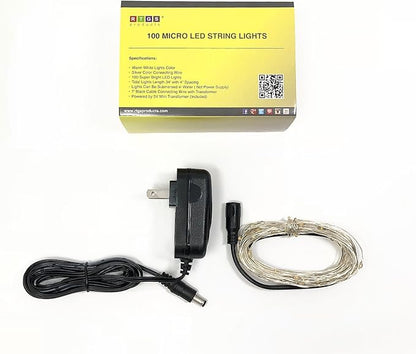100 LED String Lights, 32 Feet, Silver Wire, Warm White, Plug-in, Indoor-Outdoor, 5V DC Transformer