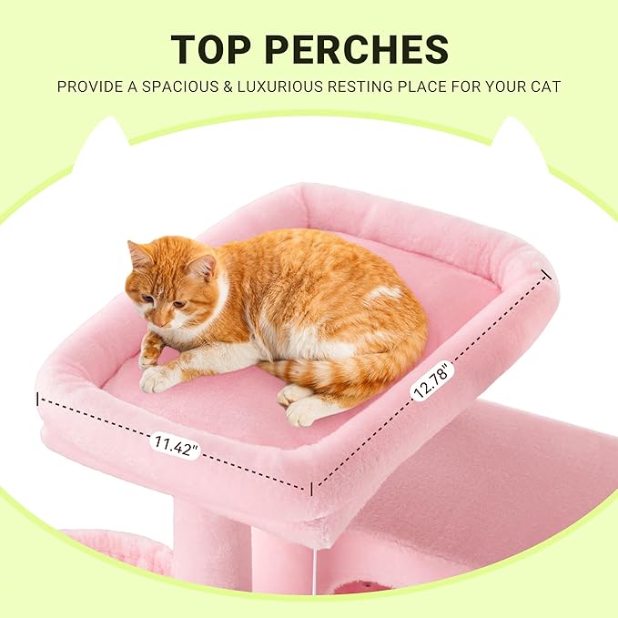 Allewie 64 Inches Cat Tree Tower/Multi-Level Activity Center for Indoor Big Felines/2 Plush Condos/2 Perchs/Basket/House/Sisal Scratching Posts/Hanging Cat Toys/Pink-Mewly Pet