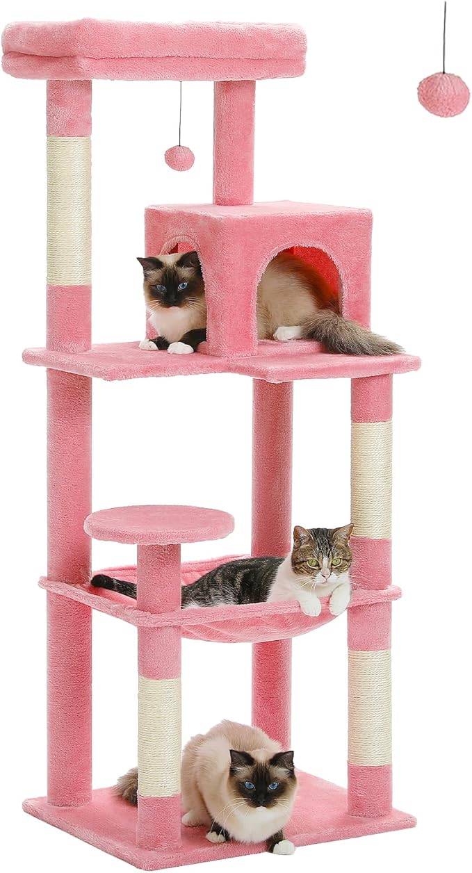 Cat Tree for Large Cats with Metal Plush Big Hammock, 56.3" Cat Tower for Indoor Cats with 2 Door Condo House, 6-Tier Cat Shelves with Scratching Posts and Large Top Perch, Pink-Mewly Pet