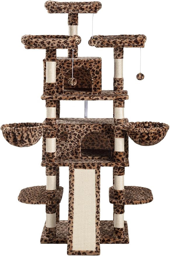 SHA CERLIN 68 Inches Multi-Level Large Cat Tree for Large Kitties/Big Cat Tower with Condo/Cozy Plush ‌Pussycat Perches/Sisal Scratching Posts and Hammocks/Activity Center/Leopard Print-Mewly Pet